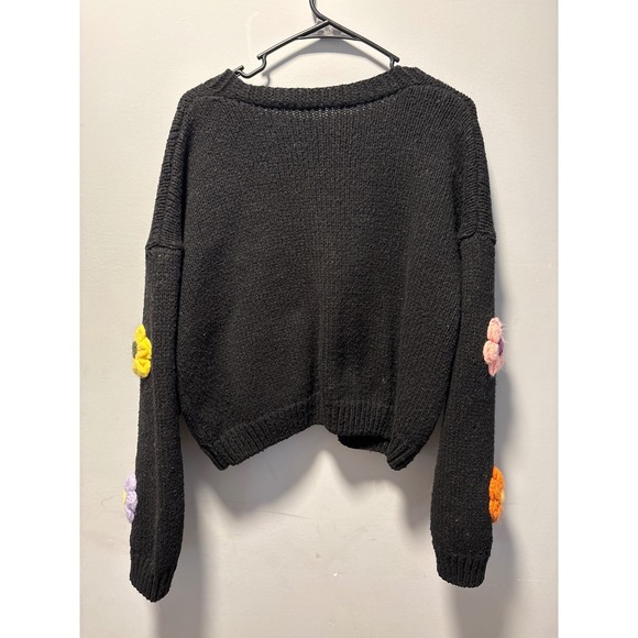 Cider Black Chunky Crochet Flower Applique Knit Cardigan Sweater Womens Large - Picture 3 of 5